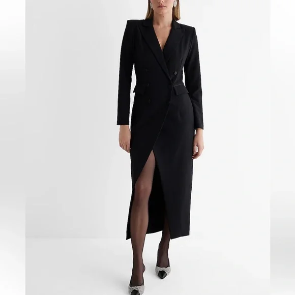 Express Double Breasted Padded Shoulder Tuxedo Maxi Blazer Dress Black Small NWT - Picture 1 of 15